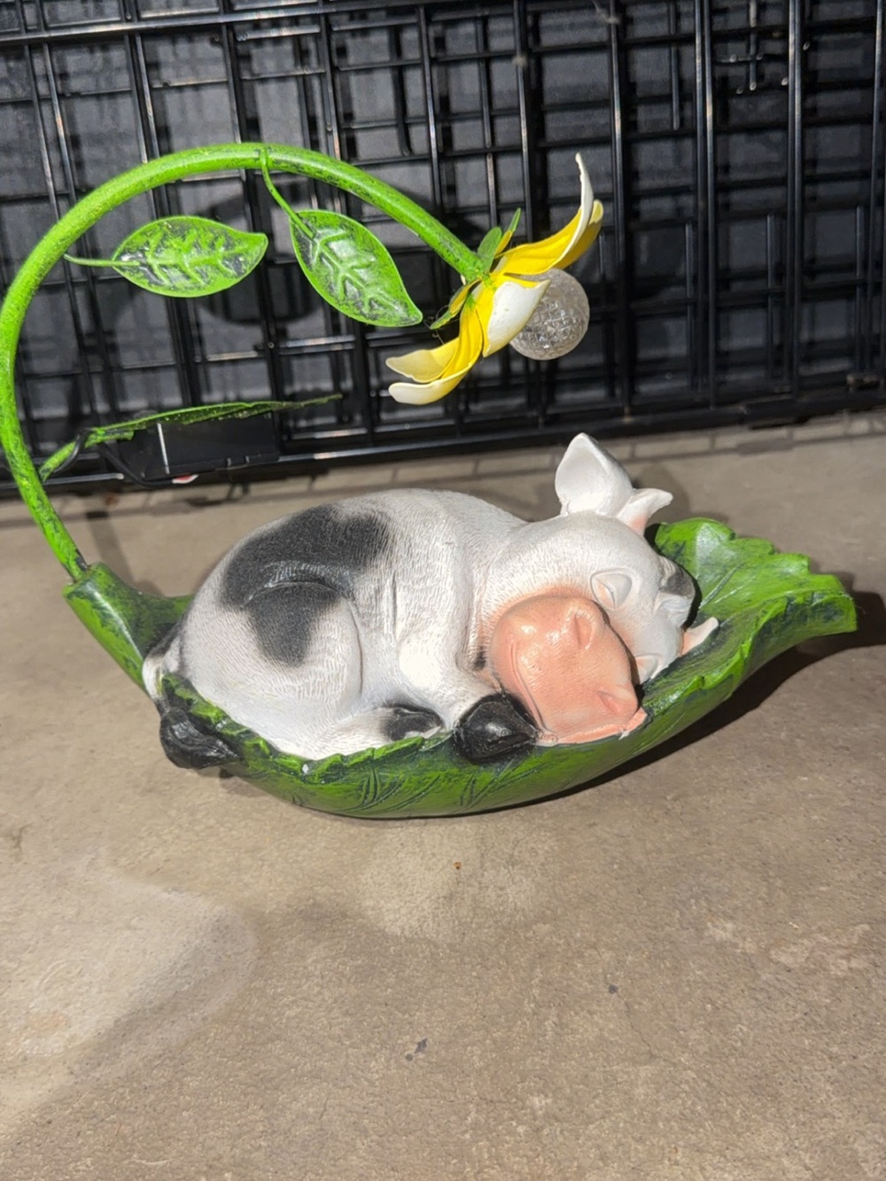 Sleeping Cow Figurine on Leaf with Flower Accent - Green, White, Pink